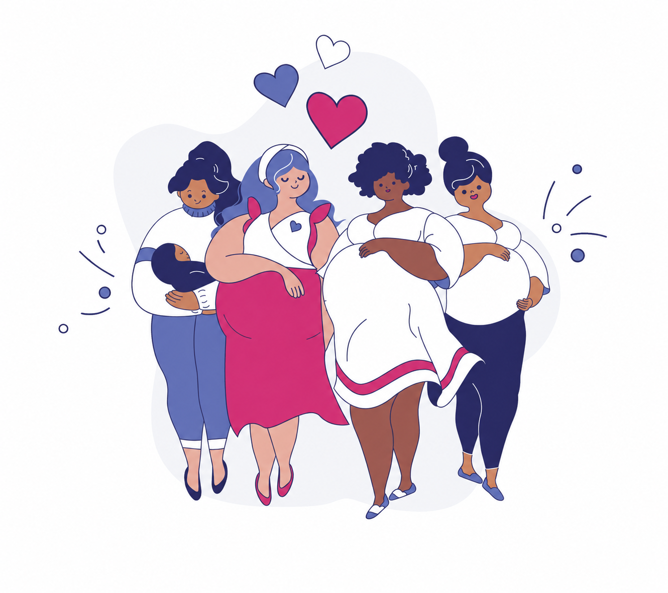 A diverse group of mothers together across pregnancy and postpartum